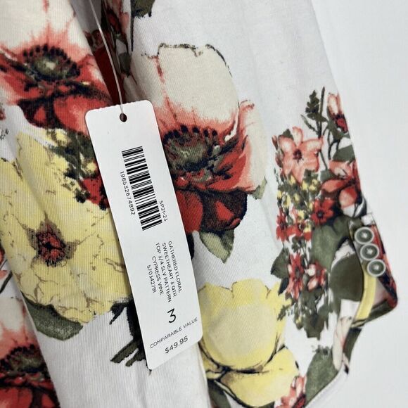 Chicos T Shirt Size 3 XL Womens White Red Gathered Floral Print Top Sweatheart - Picture 5 of 9